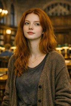 Young woman with red hair wearing a brown cardigan in a library