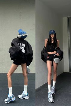 Two full body shots of a woman in a black crop top, shorts, and baseball cap