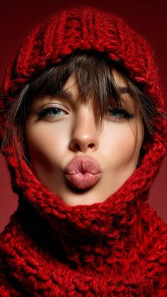 Woman in red knitwear with pursed lips and blue eyes against a red background