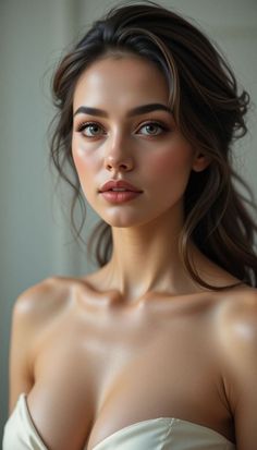 Woman with long brown hair and green eyes, wearing a strapless top