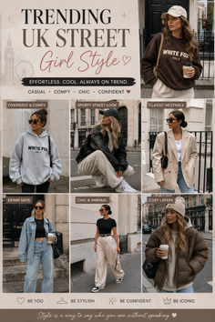 Collage of women in various UK street style outfits in an urban setting