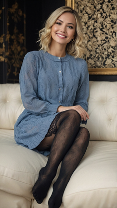 Smiling woman with blonde hair wearing a blue dress and black stockings, sitting indoors