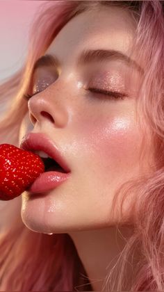 Woman with pink hair and glitter eyeshadow biting a strawberry