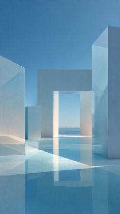 Minimalist 3D render with geometric shapes and ocean view