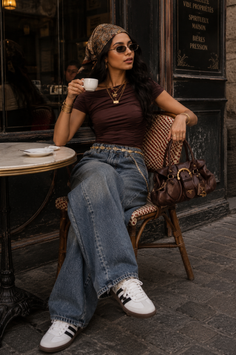 Woman in a bandana and sunglasses sitting at an outdoor cafe table
