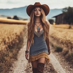 Woman in a cowboy hat and denim dress walking on a dirt road