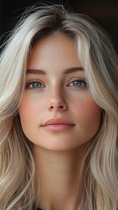 Close-up portrait of a woman with blonde hair, green eyes, and freckles