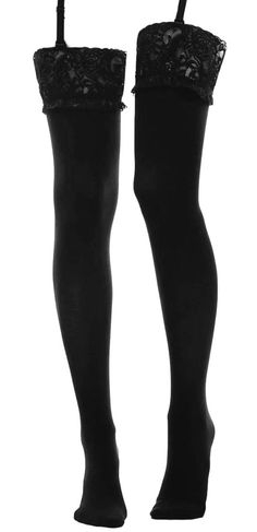 Pair of black thigh-high stockings with lace trim and garter straps