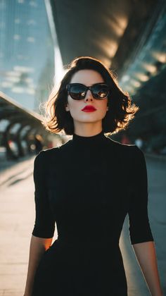 Woman with short hair and sunglasses in a black top with backlight