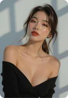 Woman in an off-shoulder top with soft lighting and warm tones
