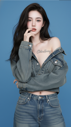Woman in a denim jacket and jeans with exposed shoulder and midriff against a blue background