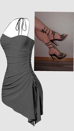 Dark grey ruched mini dress with strappy high heels