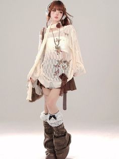 Woman with long hair and headphones wearing a brown skirt and platform boots