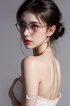 Woman with glasses and an updo, looking over her shoulder with exposed skin