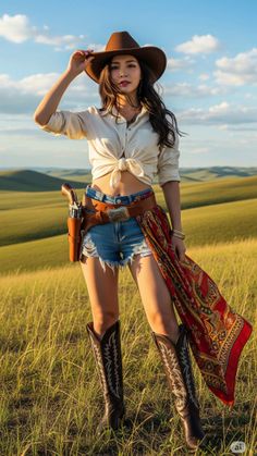 Woman in a cowboy hat and denim shorts with a tied shirt in a grassy field