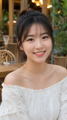 Woman with an updo and an off-shoulder top smiling outdoors