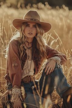 Woman in a cowboy hat and denim jacket sitting in a field at golden hour