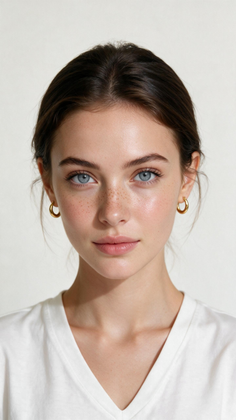 Woman with blue eyes and freckles wearing a white t-shirt and gold earrings