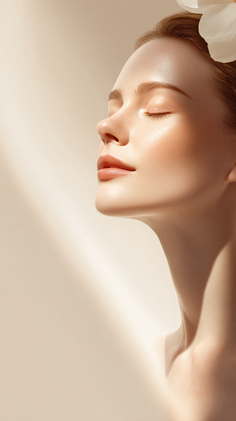 Woman with closed eyes and a white flower in her hair, bathed in soft natural light