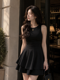 Woman in a black dress with long hair standing outdoors in soft lighting