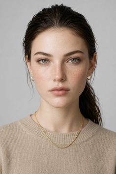 Woman with green eyes and freckles wearing a beige sweater and gold jewelry