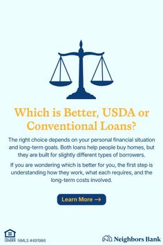 Informational graphic comparing USDA and Conventional Loans with a scale of justice icon