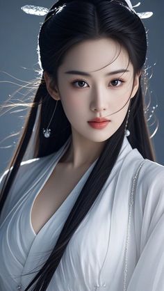 Woman with long black hair in a white traditional Chinese dress with earrings