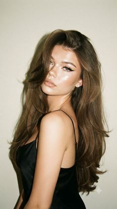 Woman with long brown hair and black dress looking over her shoulder