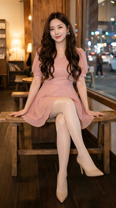 Woman in a pink dress and pantyhose sitting on a wooden bench indoors