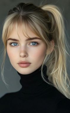 Blonde woman with blue eyes and a ponytail wearing a black turtleneck