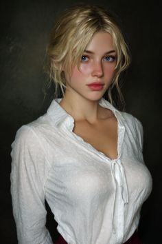 Blonde woman with blue eyes wearing a white shirt with exposed skin