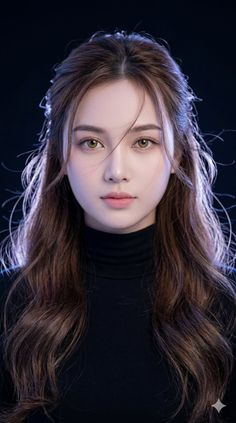 Woman with long brown hair and a black turtleneck against a dark background