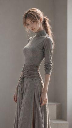 Woman in a gray turtleneck dress with a corset belt and high slit