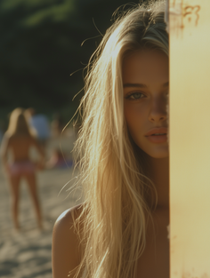 Blonde woman with long hair on a beach during golden hour