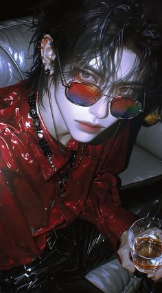 Illustration of a person with black hair, sunglasses, and a red shirt holding a glass
