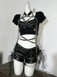 Gothic style outfit with a crop top, leather shorts, and body chains on a mannequin