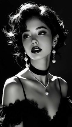 Black and white portrait of a woman with short hair and pearl jewelry