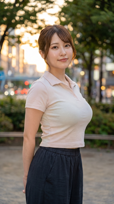 Woman in a light pink polo shirt and dark pants outdoors at golden hour