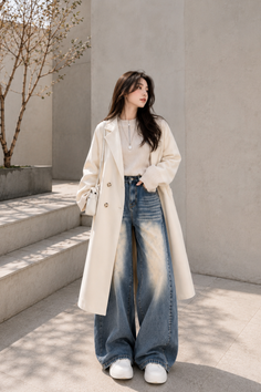 Woman in a white coat and wide leg jeans standing outdoors