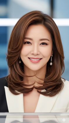 Woman with medium layered hair and pearl earrings smiling in a white blazer