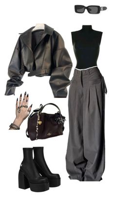 A dark aesthetic outfit featuring a leather jacket, wide leg pants, and platform boots