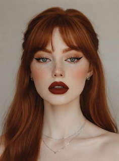 Woman with red hair, freckles, and red lipstick looking directly at the camera