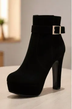 Black suede ankle boot with a high heel and platform sole