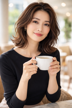 Woman with short brown hair holding a white cup indoors