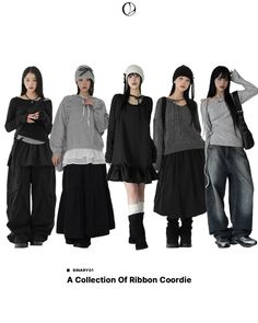 Five women in dark, casual outfits with various accessories