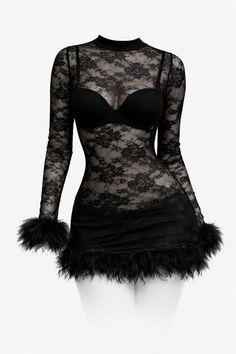 Black lace dress with feather trim and mock neck over a black bra