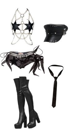 Collection of gothic-style clothing and accessories on a white background