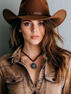 Woman in a cowboy hat and denim shirt with a necklace