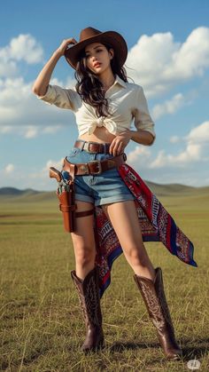 Woman in cowboy attire with a tied shirt and denim shorts in a grassy field