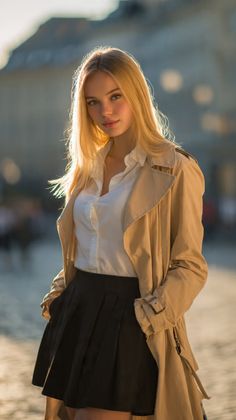 Blonde woman in a trench coat and black skirt with backlight